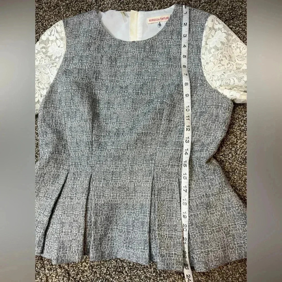 Rebecca Taylor Gray & White Peplum top lace cap sleeves size 8 - Picture 9 of 10